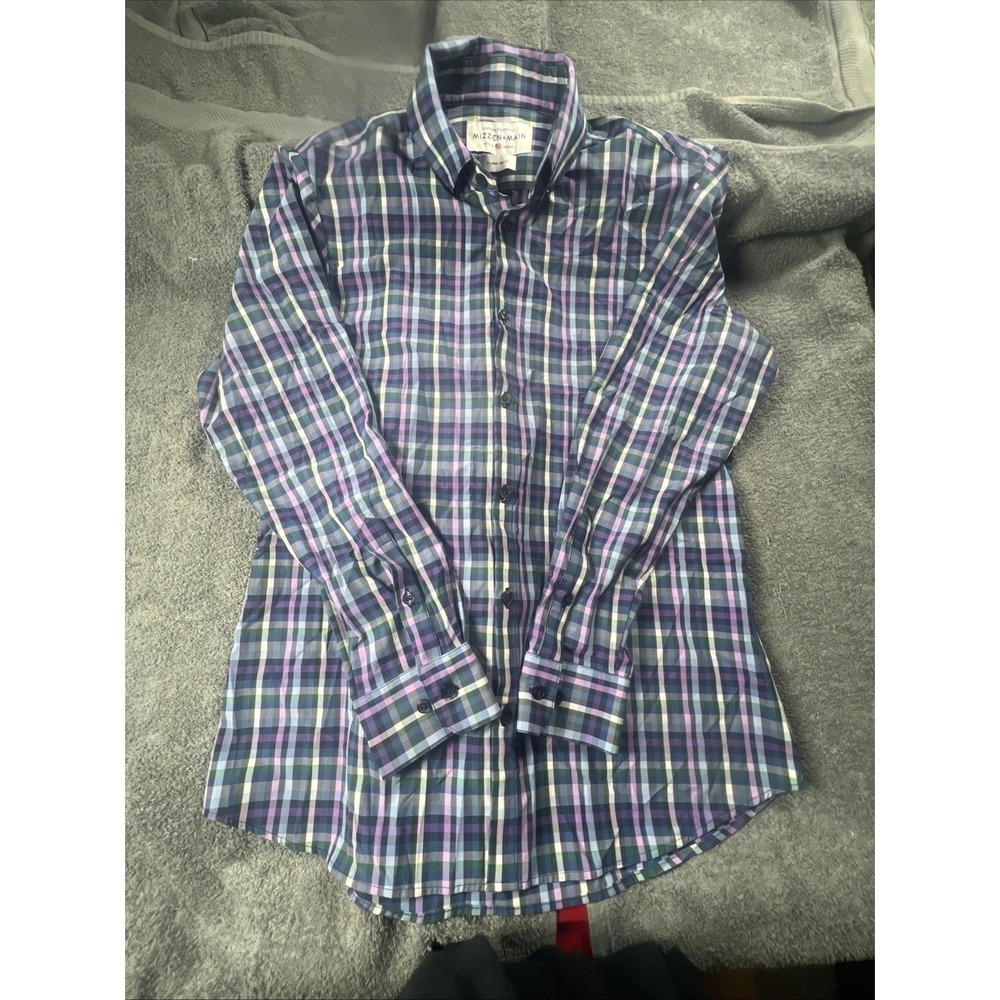 Mens Mizzen and Main Long Sleeve Button Down Extra Large Blue Purple Green Plaid